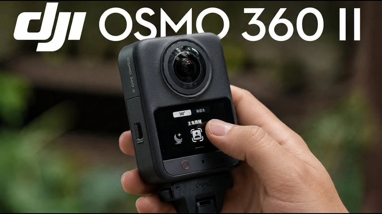 Камера DJI Osmo 360 II на магнітному тримачі в руці оператора під час перемикання сенсорного меню автотрекінгу на фоні зеленого парку