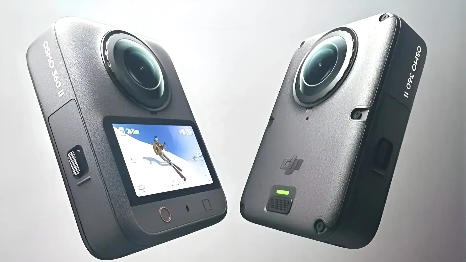 Корпус DJI Osmo 360 II спереду з активним екраном інтерфейсу та ззаду з текстурованою поверхнею і логотипом DJI на нейтральному фоні