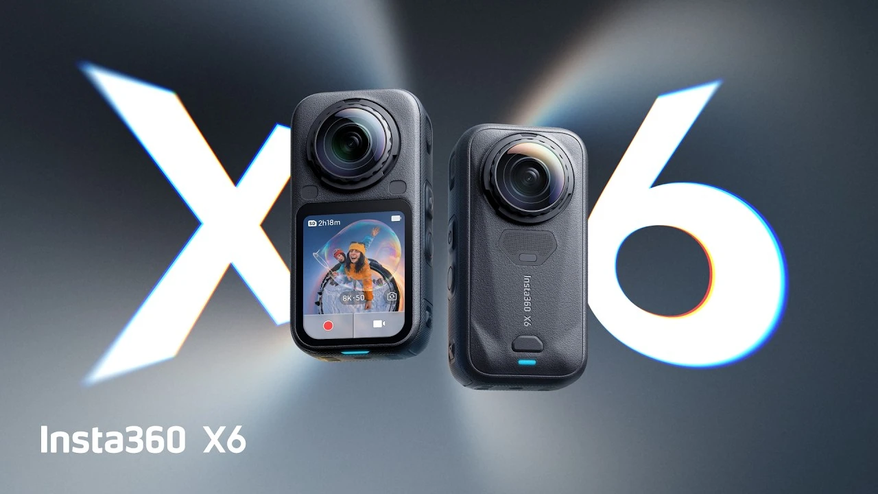 Презентація камери Insta360 X6 з активним OLED-дисплеєм у режимі 8K 50fps та текстурованою задньою панеллю на темному фоні з неоновим підсвічуванням
